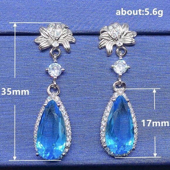 925 Silver Pear Cut Flower Shaped Blue Earrings for Women, FB16FA1039 - Picture 4 of 5